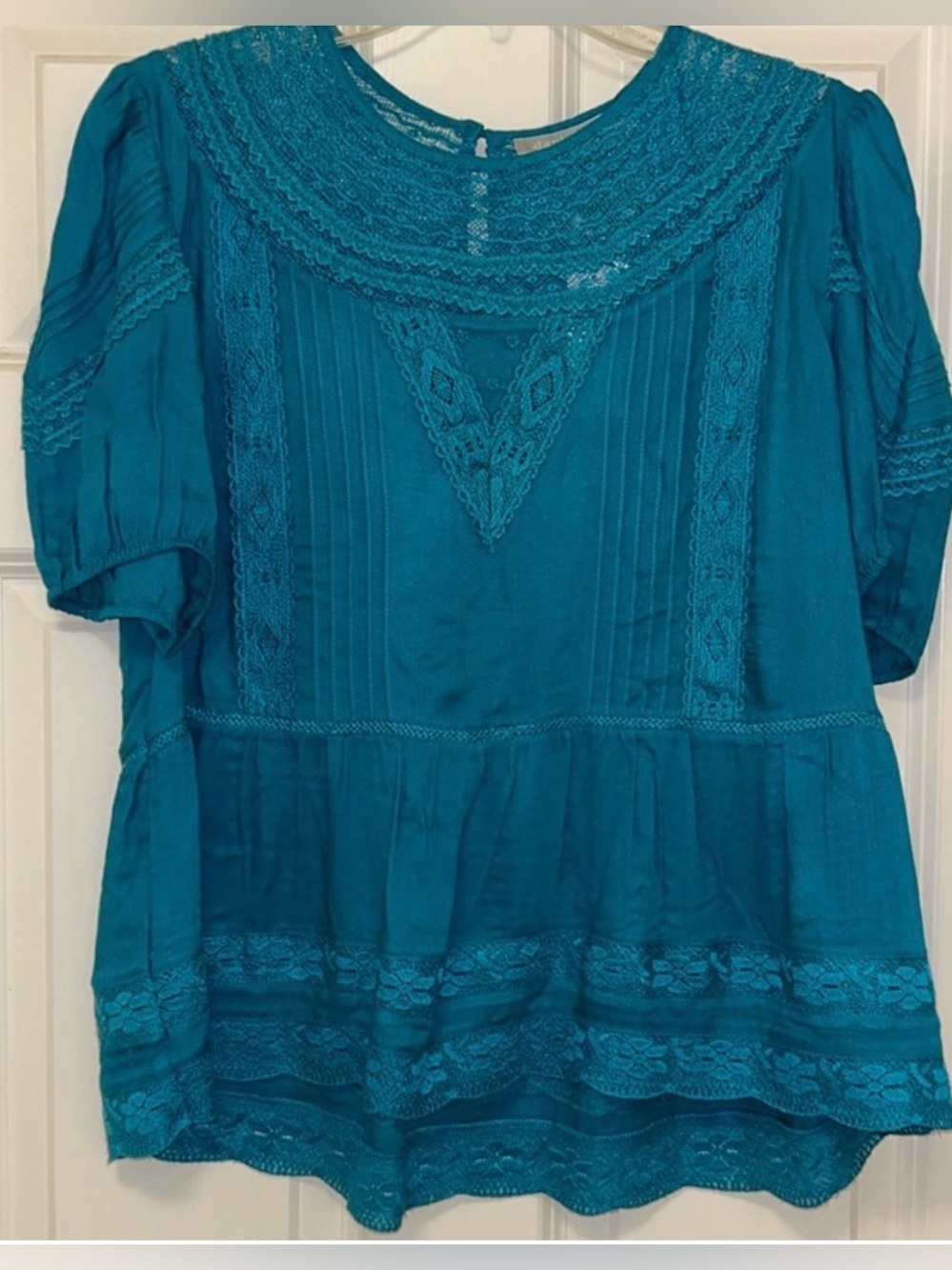 Anthropologie Daniel Rainn Teal turquoise Lace-Trim Peplum Blouse